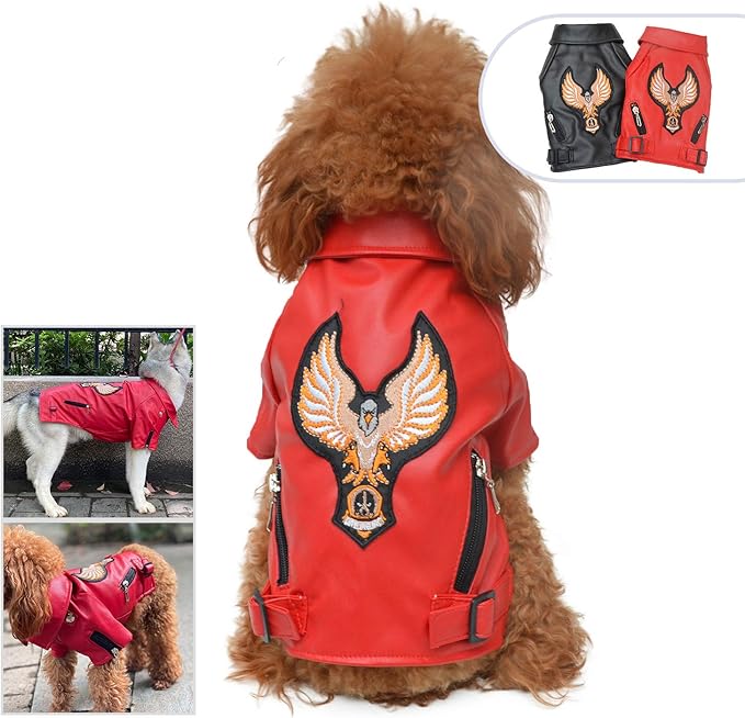 Lovelonglong Cool Dog Leather Jacket, Warm Coats Dogs Windproof Cold Weather Coats for Large Medium Small Dogs with Eagle Embroidery Red XS