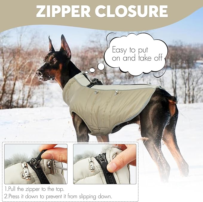 IDOMIK Warm Dog Coat with Harness, Waterproof Reflective Dog Jackets for Small Medium Large Dogs, Fleece High Collar Winter Jacket with Zipper, Pet Winter Snowsuit Clothes for Cold Weather,Khaki 3XL