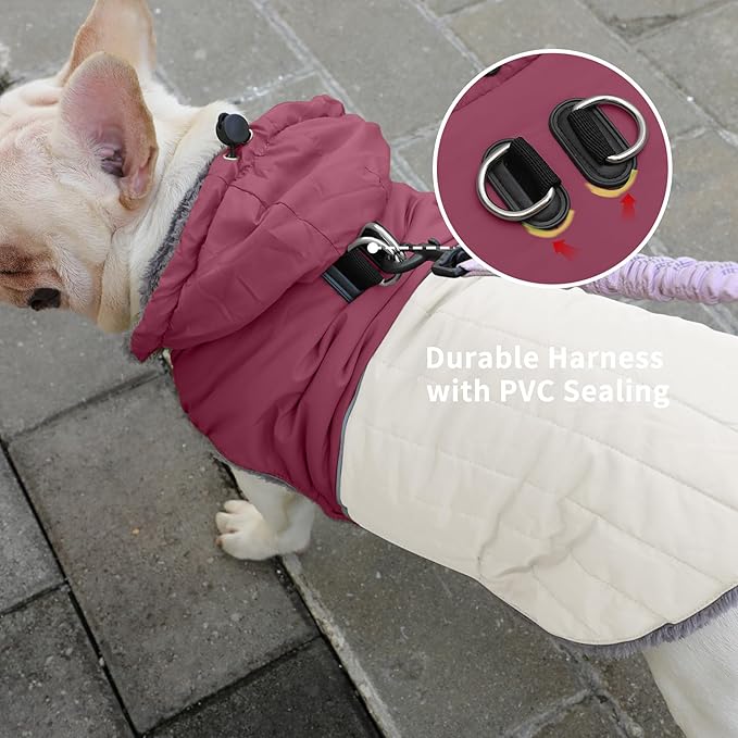 Detachable Hooded Dog Coat with Harness for Large Dogs,Super Warm Fleece Puppy Jacket for Cold Winter Doggie Coats,Red XXL