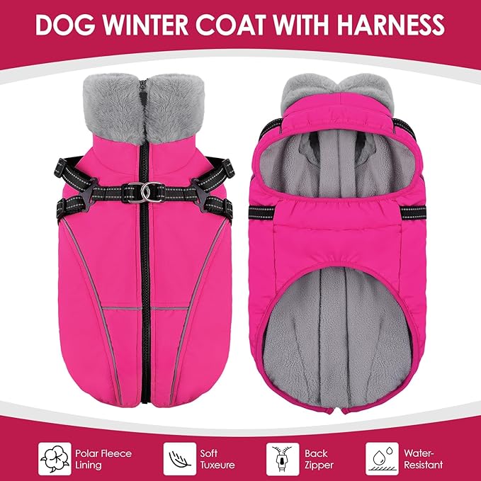 AOFITEE Dog Coat for Large Dogs, Waterproof Dog Jacket with Harness Built in, Warm Fleece Pet Puffer Jacket with Zipper, Cold Weather Coats for Dogs Outdoor, Reflective Pet Snowsuit, Pink XL