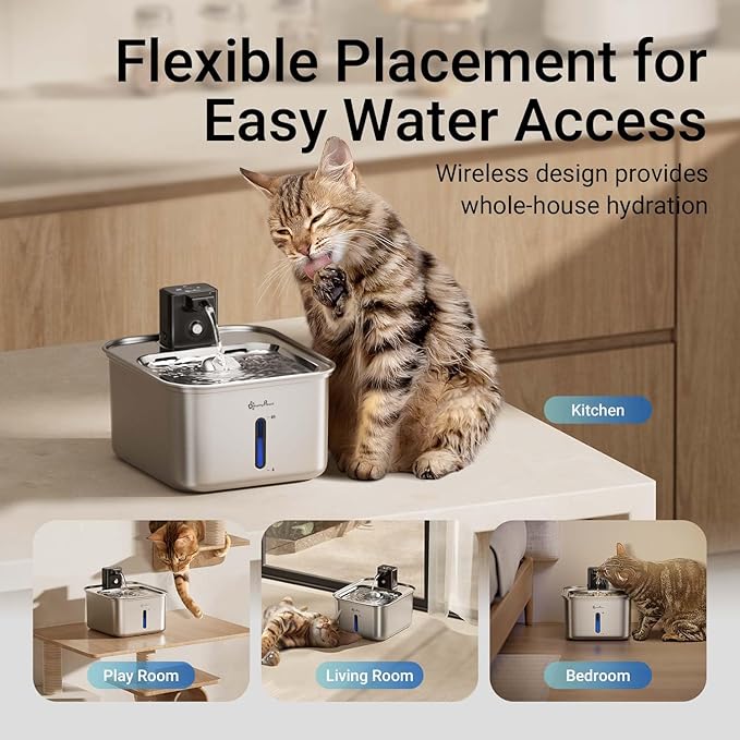 DownyPaws Cat Water Fountain Stainless Steel Wireless, 101 oz/3L FurSink Cordless Cat Water Dispenser for Pets, Battery Operated Dog Drinking Fountain with Motion Sensor, Metal with 6 Filters