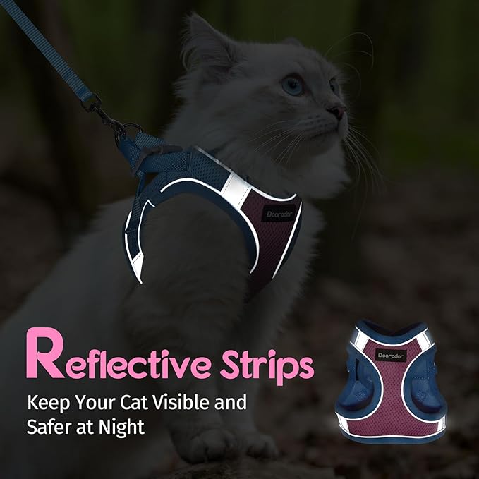 Dooradar Cat Harness and Leash Set, Escape Proof Lightweight Kitten Harness, Soft Breathable Reflective Vest for Outdoor Walking Traveling, Adjustable for Large Cats, Pink & Blue, L