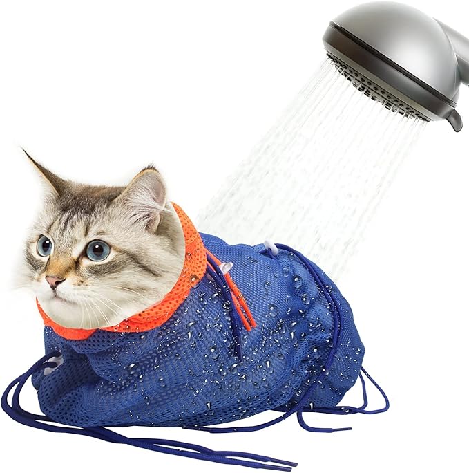 Breathable Mesh Anti Scratch Adjustable Cat Grooming Bag for Nail Trimming, Bathing - Polyester Soft Cat Washing Bag (Blue-Orange)