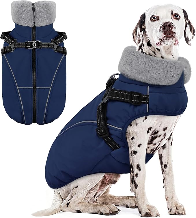 AOFITEE Dog Coat, Waterproof Dog Jacket with Harness Built in, Dogs Coats for Lage Dogs, Warm Fleece Zipped Pet Puffer Jacket, Outdoor Cold Weather Coats Pet Snowsuit for French Bulldog, Blue L