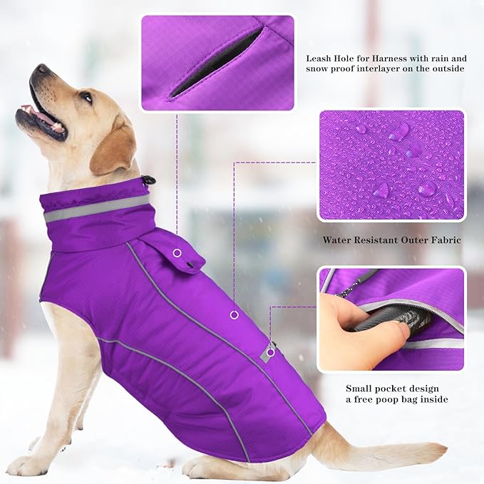 Doglay Dog Winter Coat, Waterproof Dog Jacket with Pocket, Reflective Turtleneck Pet Winter Jackets, Warm Puppy Snow Jacket for Small Medium Large Dogs