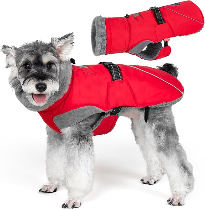 KYEESE Waterproof Dog Coat, Warm Windproof Jacket, Turtleneck Winter Dog Coats for Small Dogs with Leash Hole, Reflective Pet Clothes & Outdoor Apparel, Thick Fleece-Lined Winter Jacket, Red, Large