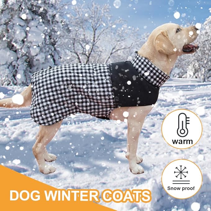 Dog Jackets for Winter, Reversible Dog Coat Windproof Waterproof Jackets for Cold Weather, British Style Plaid Coats Warm Vest for Small Medium Large Dogs (Black, 6XL)