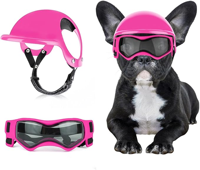 Dog Helmet with Dog Goggles for Small Dogs - Pet Motorcycle Helmet Hat with Ear Holes Adjustable Straps Safety Helmet for Puppy Riding - Pink