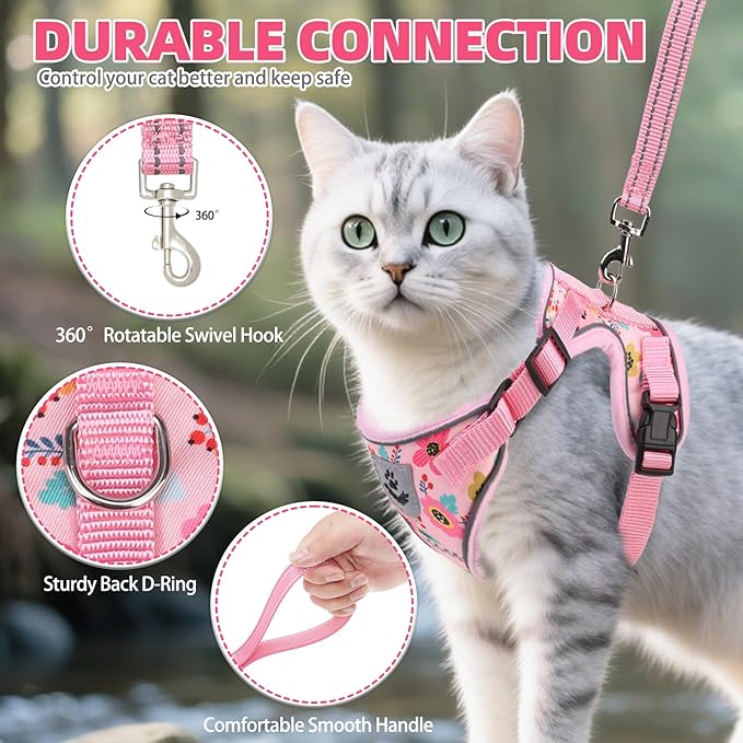 PUPTECK Cat Harness and Leash Set Escape Proof Reflective Cat Walking Harness Adjustable Soft Breathable Mesh Vest for Small Pets, Pink Flowers, M