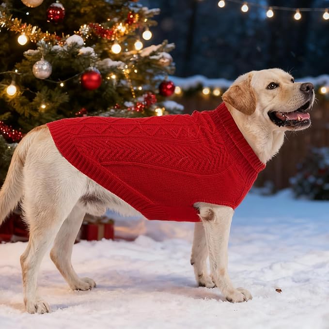 PUPTECK Dog Sweater, Turtleneck Warm Knitted Pullover Coat, Thick Cable Knitwear Clothes in Winter, Pet Apparel Outfits for Small Medium Dogs, for Cold Weather Indoor & Outdoor, Red M