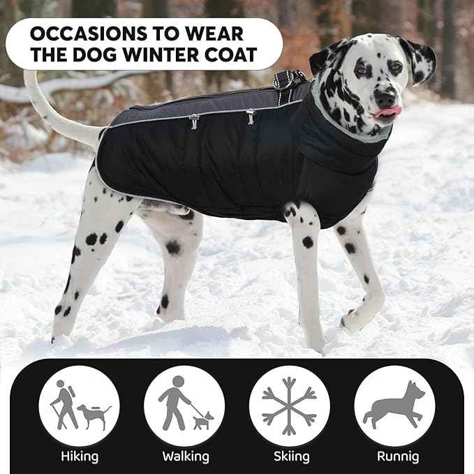 IDOMIK Warm Dog Coat with Harness, Waterproof Reflective Dog Jackets for Small Medium Large Dogs, Fleece High Collar Winter Jacket with Zipper, Pet Winter Snowsuit Clothes for Cold Weather,Black 3XL