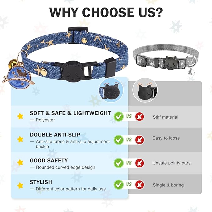 3 Pack Breakaway Cat Collars with Bell- Moon and Stars Pendant Cat Collar for Girl Boy Cats with Safety Buckle- Cute Kitten Collar Adjustable 8"-12" for Kitty Puppy Small Pets