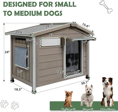 30''L Dog House Outdoor Indoor, Wooden Dog Houses with Waterproof Roof, Door Curtain, Anti-Chewing Frame, Elevated Doghouse Shelter Bed Kennel with Window, Removable Floor