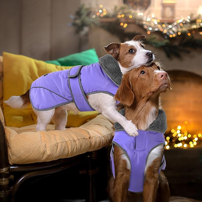 Dogcheer Dog Coat, Waterproof Dog Jacket Reflective Pet Winter Coat with Adjustable Hook & Loop, Christmas Puppy Fleece Jacket Warm Turtleneck Snowsuit for Small Medium Large Dogs - Taro Purple, 3XL