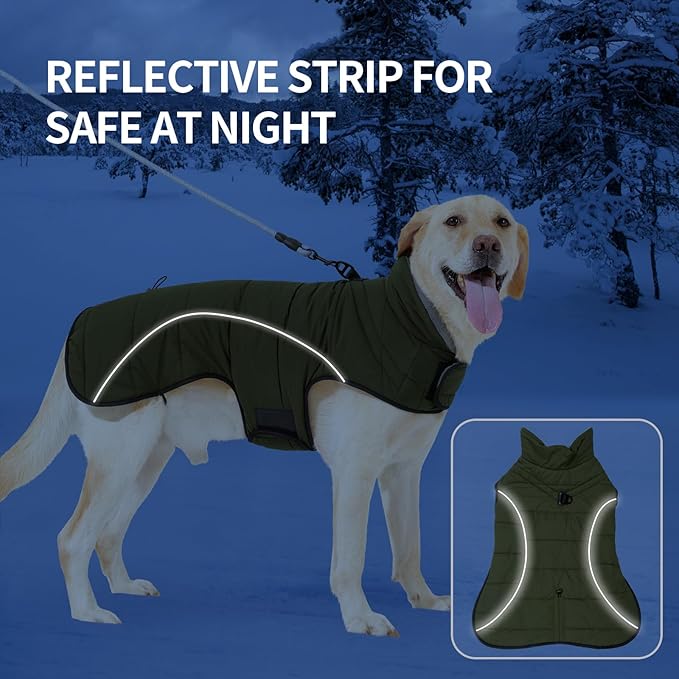 HEYWEAN Dog Winter Coat - Waterproof Windproof Reflective Vest for Medium & Large Breeds Adjustable Warm FleeceLined Jacket with Magic Tape & D-Ring for Leash Cold Weather Apparel (Green, XX-Large)