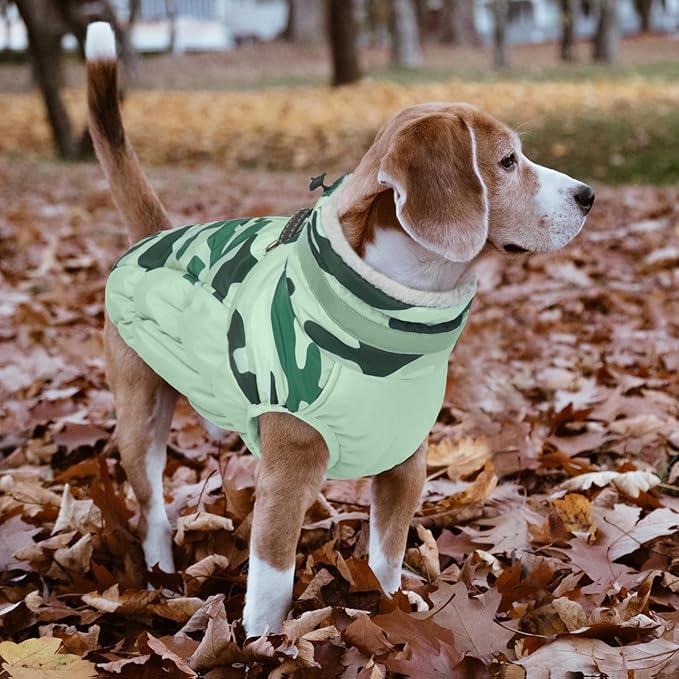 Lelepet Warm Dog Winter Coat Dog Coats for Large Dogs Waterproof Dogs Jacket with Harness Built in Reflective Cold Weather Coats Zip-Up Winter Fleece Vest Snowsuit Boston Terrier Mint Green Camo L