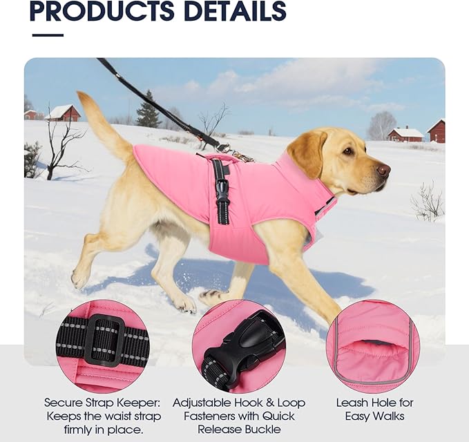 IECOii Dog Coats for Winter - Reflective & Adjustable & Windproof Vest, Quick Release Buckle & Warm Fleece Lined, Waterproof Snow Jacket for Pitbull Walking, Camping, Hiking, Skiing, Pink, Size XL