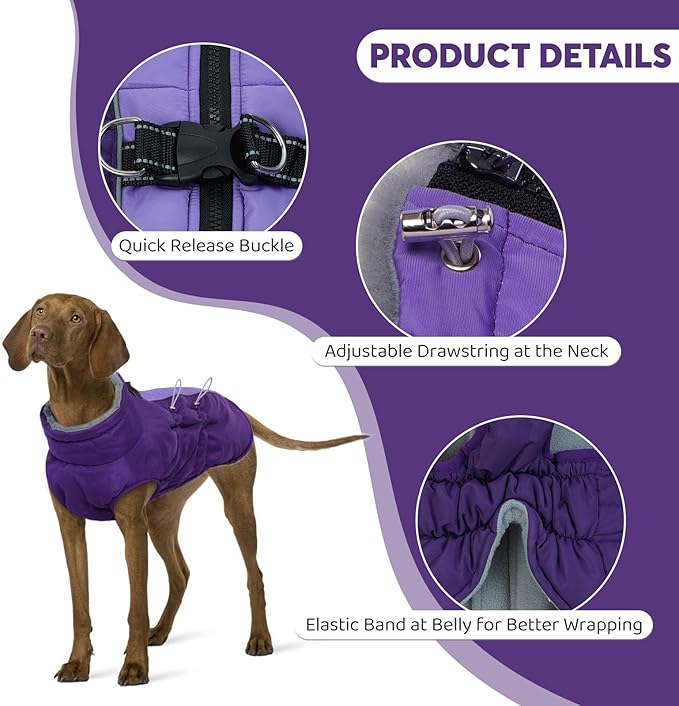 IDOMIK Warm Dog Coat with Harness, Waterproof Reflective Dog Jackets for Small Medium Large Dogs, Fleece High Collar Winter Jacket with Zipper, Pet Winter Snowsuit Clothes for Cold Weather,Purple 2XL
