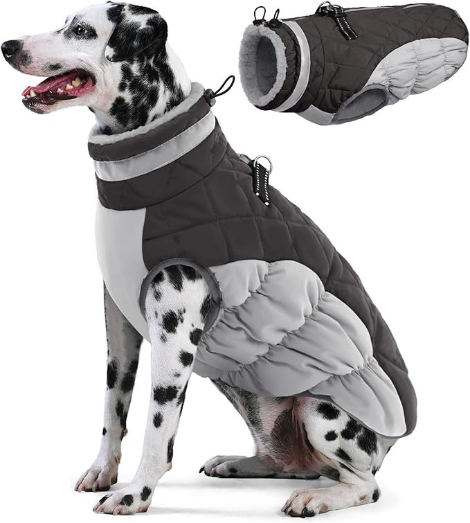 AOFITEE Dog Coat, Warm Dog Jackets for Large Dogs, Reflective Turtleneck Dogs Winter Coat with Harness Built in, Waterproof Windproof Pet Snow Jacket Fleece Vest for Cold Weather, Grey XXL