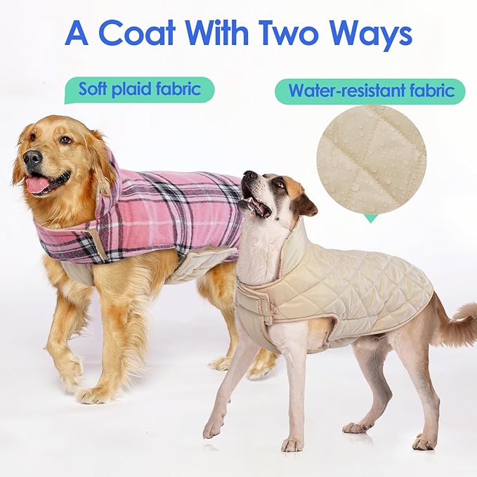 MIGOHI Winter Dog Jackets, Reversible Windproof Waterproof, British Plaid Coat for Small Medium Large Dogs, Pink, L