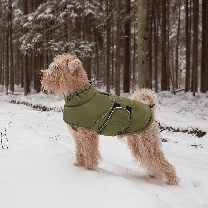 Peferhouse Dog Warm Winter Coat - Dog Cold Weather Reflective Jacket with Harness Hole Thick Vest ArmyGreen M