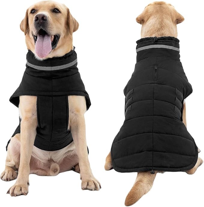 Dog Coat, Waterproof Winter Jacket, Warm Windproof Vest, Reflective Adjustable Turtleneck Coats for Large Dogs with Hook & Loop - Black - XL