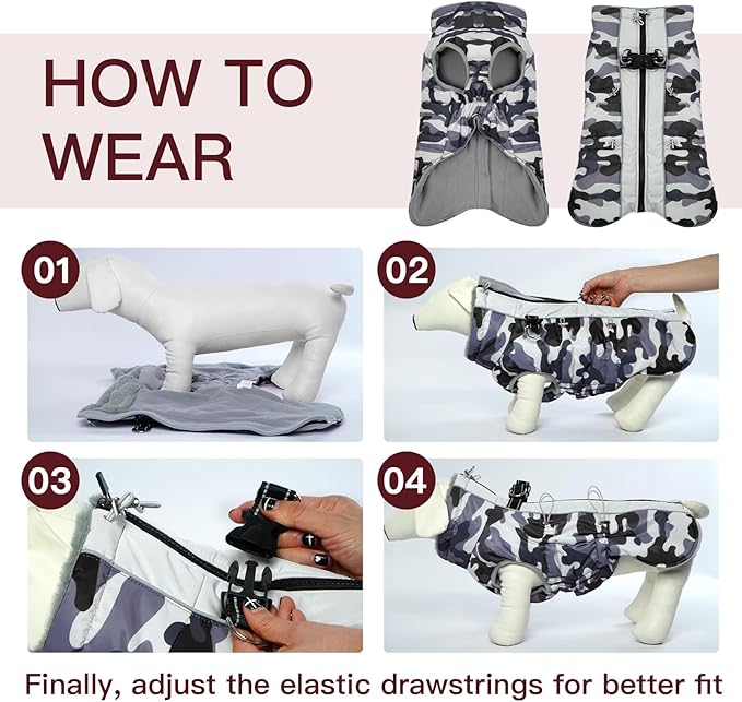 Dog Coat Dog Winter Jacket-Large, Warm Dog Coat Zip Up Snowsuit Dog Harness Vest Reflective Water-Resistant Dog Coat Dog Snow Jacket for Large Dogs French Bulldog, Pug, Grey-Camouflage