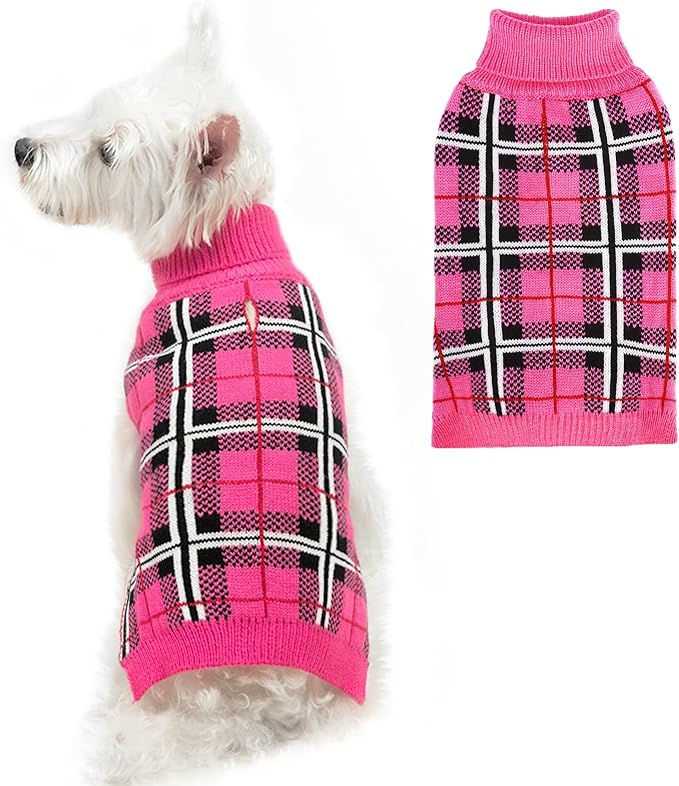 PUPTECK Dog Sweaters for Large Medium Small Dogs - Fall Classic Plaid Style Puppy Holiday Winter Coat Clothes Warm, Fuschia, M