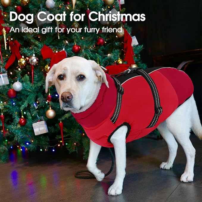SUNFURA Dog Coat, Warm Dog Jacket with Harness Built in, Waterproof Pet Winter Coat Snowsuit with Zipper, Reflective Fleece Jacket for Extra Large Dogs, Weimaraner, Red XXL