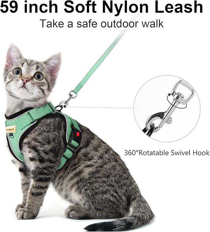 Cat Harness and Leash for Walking, Retractable Cat Harnesses and Leash Set Escape Proof, Breathable Soft Kitten Small Large Harness for Travel Training and Walking, Green, XXS