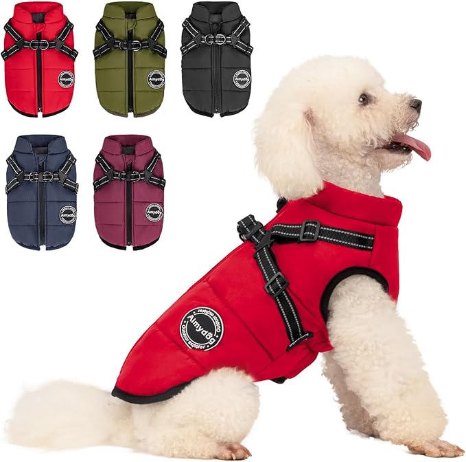 Warm Dog Winter Coat, Fashion Cold Weather Jacket with Built-in Harness, Reflective & Adjustable Comfortable Pet Vest, Waterproof Windproof Apparel for Small Medium Large Dogs(Red