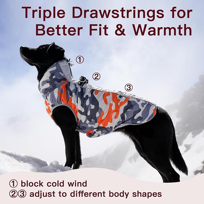 Dog Coat Dog Winter Jacket-Large, Warm Dog Coat Zip Up Snowsuit Dog Harness Vest Reflective Water-Resistant Dog Coat Dog Snow Jacket for Large Dogs French Bulldog, Pug, Orange-Camouflage