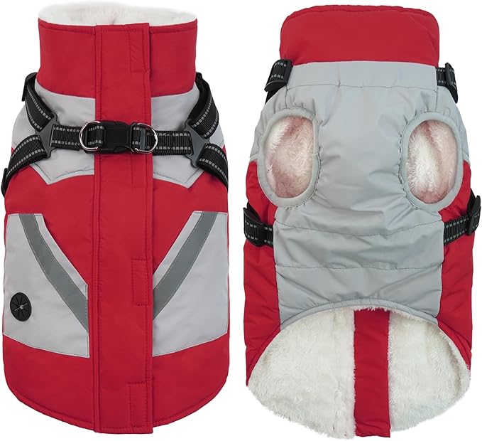 IECOii Warm Zip Dog Jacket - Fleece Lined Snowsuit, Reflective, Red, Small