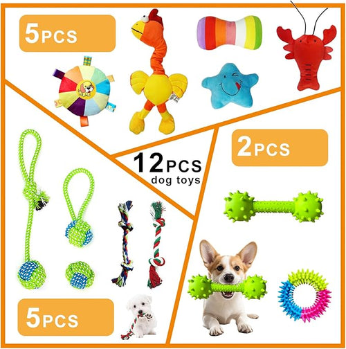 12 Piece Dog Toy Set, Rope Toys, Ball, Plush Toys, Bones and More Squeaky Dog Toys, Indoor/Outdoor Puppy Toys, Training