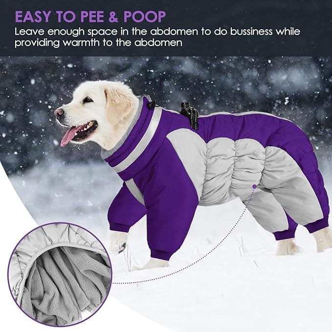 SUNFURA Full Body Dog Coat - Warm Fleece Jacket for Large Dogs, Turtleneck Winter Coats with Harness, Reflective Dog Snowsuit Windproof Puffer Jackets with Legs for Weimaraner, Purple XL