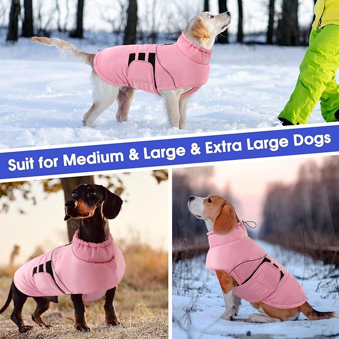 ASENKU Extra Warm Dog Coat - Winter Fleece Jacket with Reflective Adjustable Zippered Leash Hole for Medium Dogs (Pink, L)