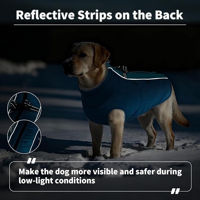 IDOMIK Warm Dog Coat with Harness, Waterproof Reflective Dog Jackets for Small Medium Large Dogs, Fleece High Collar Winter Jacket with Zipper, Pet Winter Snowsuit Clothes for Cold Weather,Blue S