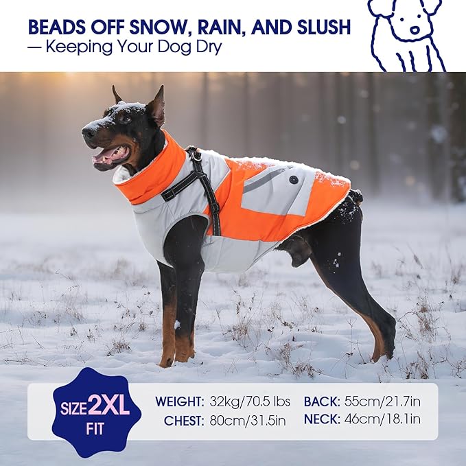 FUAMEY Dog Winter Jackets for Large Dogs,Dog Coat with Harness Built in,Waterproof Dogs Snowsuits Warm Pet Jacket Zip Up Fleece Cold Weather Coats Reflective Puppy Vest with Pocket Orange 3XL