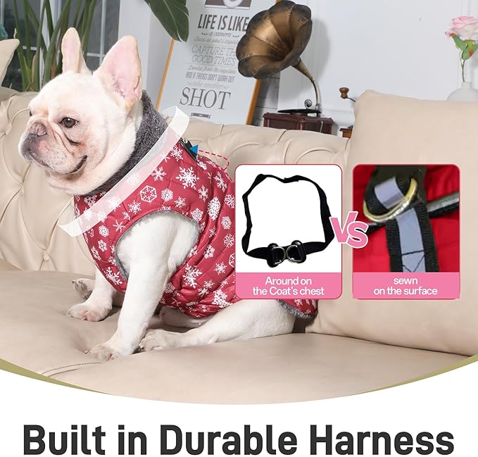 Warm Fleece Dog Coats with Durable Harness Buitl in D-Ring,Waterproof Puppy Jacket for Small Dogs,Dog Vest for Cold Winter,Red,Snow Pattern XS