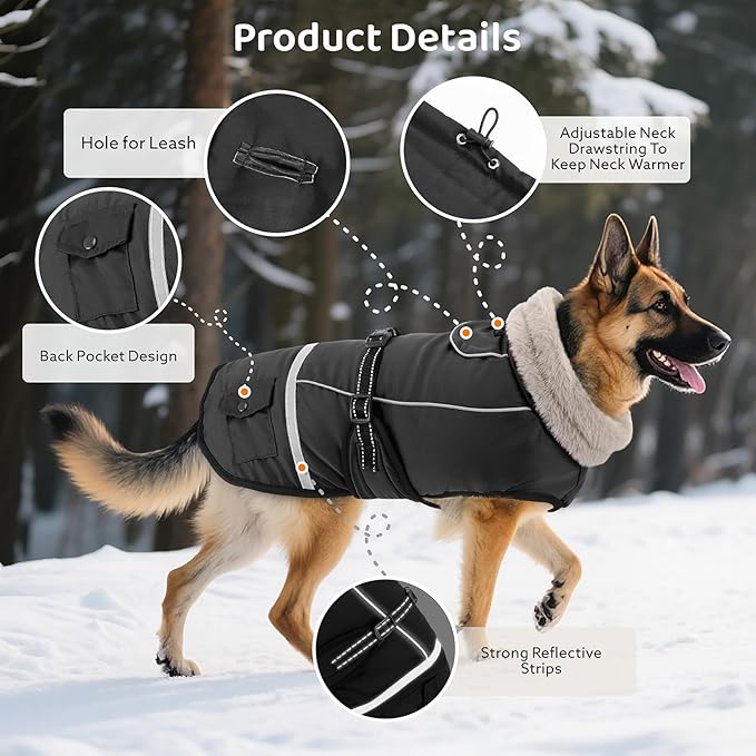 Dog Coat, Warm Dog Winter Coat Reflective Jacket Waterproof Fleece Vest, Pet Jacket Cozy for Cold Weather, Dogs Snowsuit Windproof, Adjustable Buckle for Large Dogs