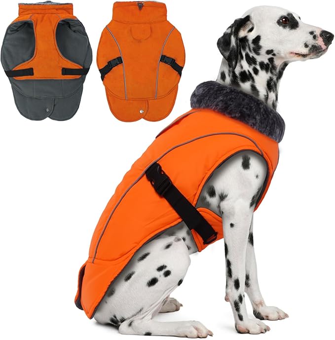 DENTRUN Large Dog Coat - Thick Fleece Lined Reflective Winter Jacket, Snap Closure & Leash Hole, Warm Thick Fleece Lined, Plush Turtleneck Vest for German Shepherd, Orange, XXL