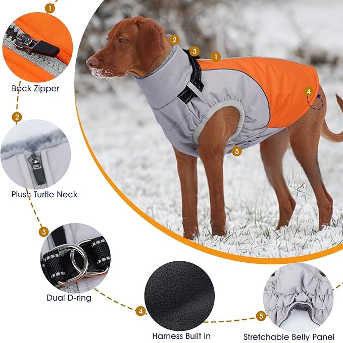 Dog Coat with Harness Built in,Water-Repellent Dog Jacket Christmas Puppy Winter Coat with Reflective,XS Doggy Winter Jacket with Zipper,Soft Pet Fleece Snow Jacket for Small Dogs,Orange,XS