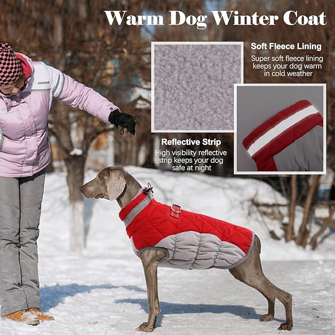 Lelepet Dog Coat Warm Dog Winter Coat Waterproof Dogs Jacket with Harness Built in Reflective Pet Fleece Vest Zip-Up Cold Weather Coats for Large Dogs Turtleneck & Windproof Coats Pitbull Red 2XL