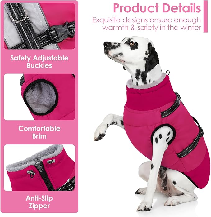 AOFITEE Dog Coat for Large Dogs, Waterproof Dog Winter Jacket with Built in Harness, Warm Turtleneck Cold Weather Coats Large, Reflective Fleece Lined Snow Jacket for French Bulldog, Boston Terrier, L