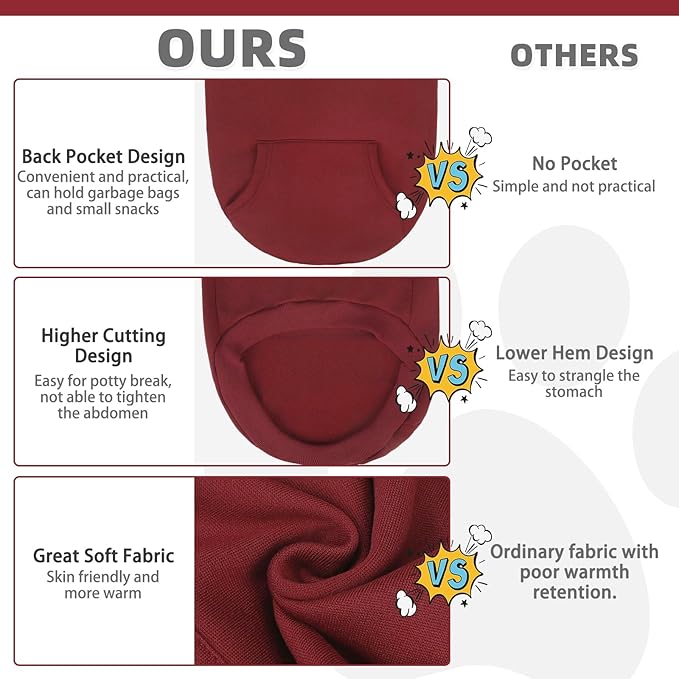 KOOLTAIL Basic Dog Hoodie - Soft and Warm Dog Hoodie Sweater with Leash Hole and Pocket, Dog Winter Coat, Cold Weather Clothes Sweatshirt for Small Medium Large Dogs Puppy Cat Boys Girls Deep Red XL