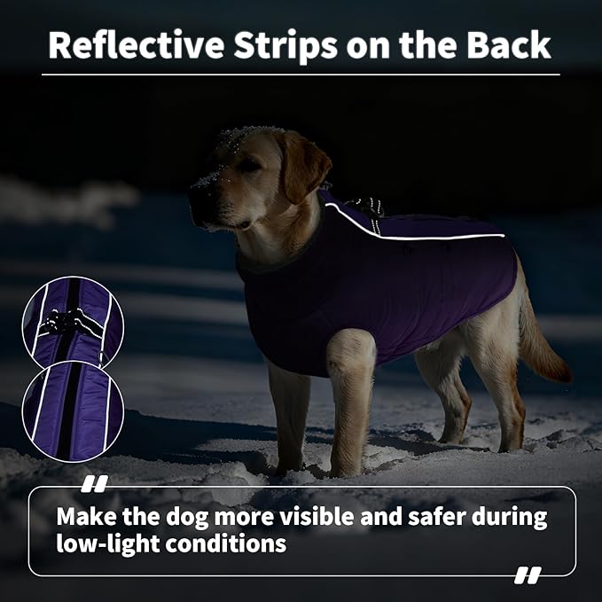 IDOMIK Warm Dog Coat with Harness, Waterproof Reflective Dog Jackets for Small Medium Large Dogs, Fleece High Collar Winter Jacket with Zipper, Pet Winter Snowsuit Clothes for Cold Weather,Purple 3XL