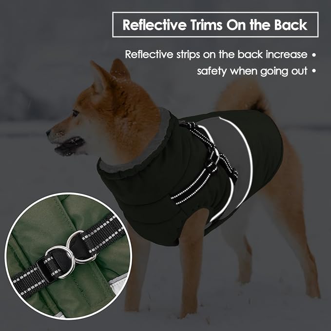 SUNFURA Small Dog Coat with Harness Built in, Warm Dog Jacket Winter with Zipper On Back, Waterproof Pet Snow Jacket Snowsuit Pet Sweater Clothes for Puppy, Army Green XS