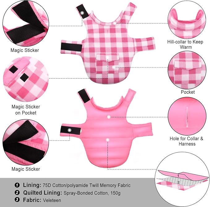 ASENKU Dog Winter Coat, Fleece Doggie Jacket Plaid Reversible Vest Waterproof Windproof Cold Weather Clothes for Small Medium Large Dogs (XXL, Pink)