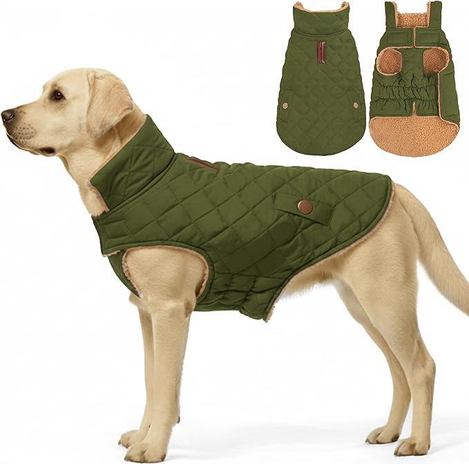 azuza Dog Jacket for Large Dogs Waterproof & Windproof Dog Coat for Small Dogs with Thick Fleece, High Collar with Leash Hole, Adjustable Velcro & Elastic Belly, Army Green 3XL