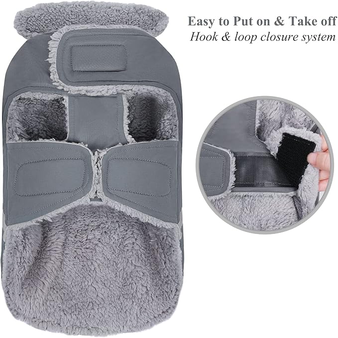VIVAGLORY Frostfit Dog Coat, Dog Jacket for Winter & Cold Weather, Warm Fluffy Fleece Lined Water Resistant Reflective for Puppy, Coat with Velcro Fastening & Leash Hole, M+, Grey